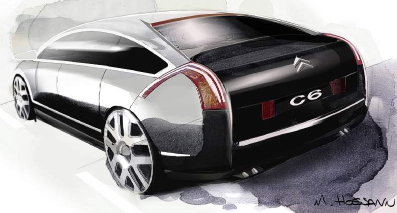 Artist drawing of Citroën C6, from a 3/4 rear view. Double exhaust pipes can be seen; the V6 idea was already here from the beginning.